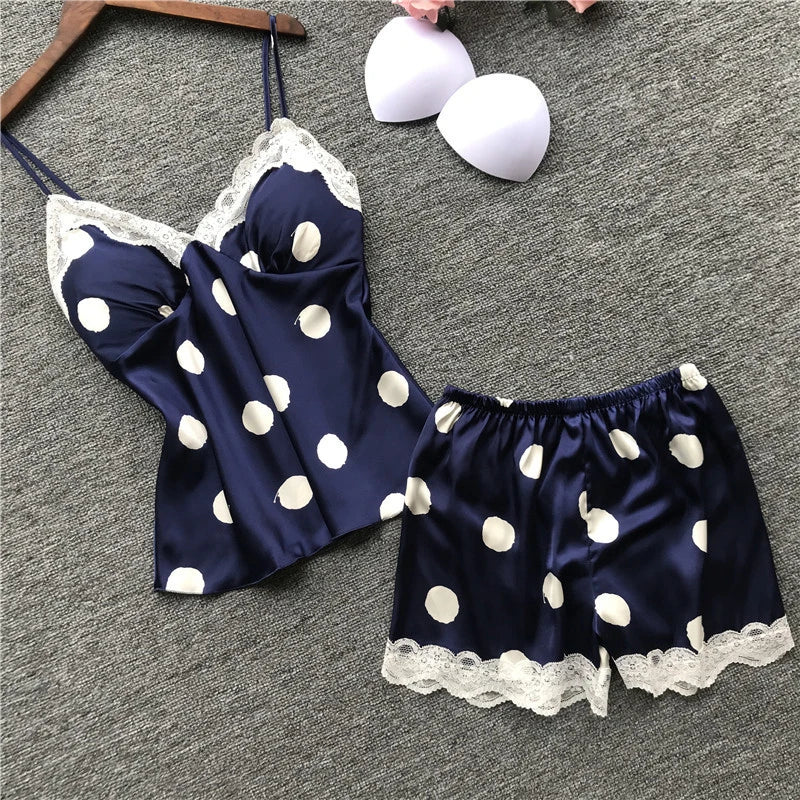 Classic Monochrome Polka Dot Camisole Sleep Set with Scalloped Lace Edge