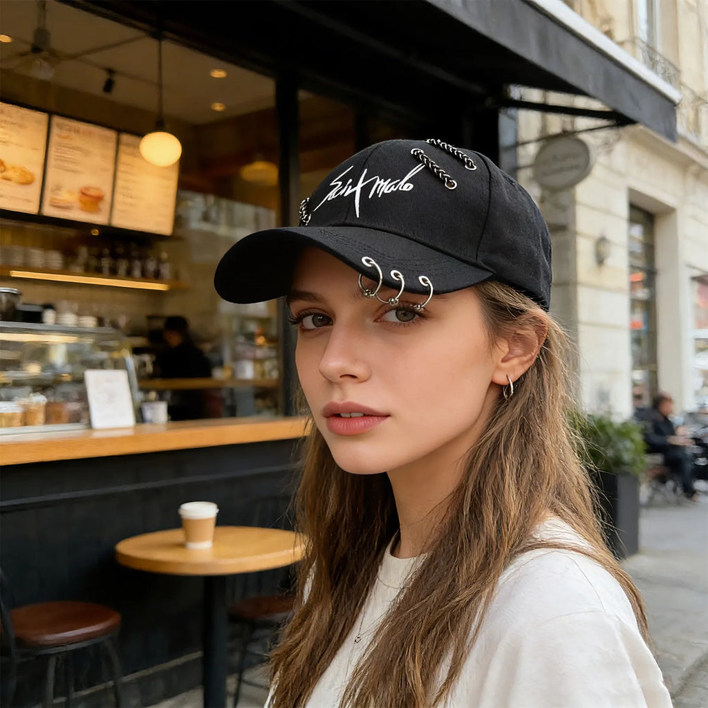 Embroidered Adjustable Baseball Cap with Decorative Metal Accents for Contemporary Streetwear Fashion