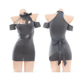 Playful Gray Cutout Halter Mini Dress with Off-the-Shoulder Sleeves and Bow Detailing
