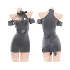 Playful Gray Cutout Halter Mini Dress with Off-the-Shoulder Sleeves and Bow Detailing