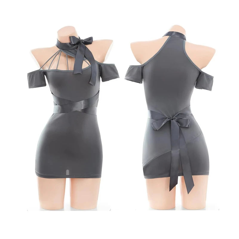 Playful Gray Cutout Halter Mini Dress with Off-the-Shoulder Sleeves and Bow Detailing