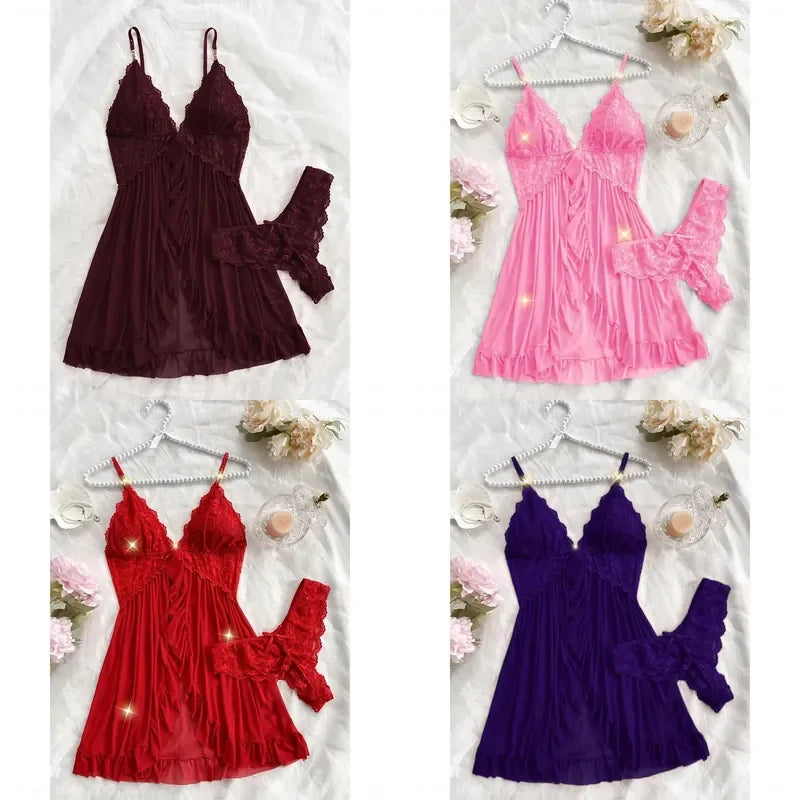 Lace Camisole and Shorts Pajama Set with V-Neckline, Bow Detail, Delicate Lace Trim and Ruffled Hem