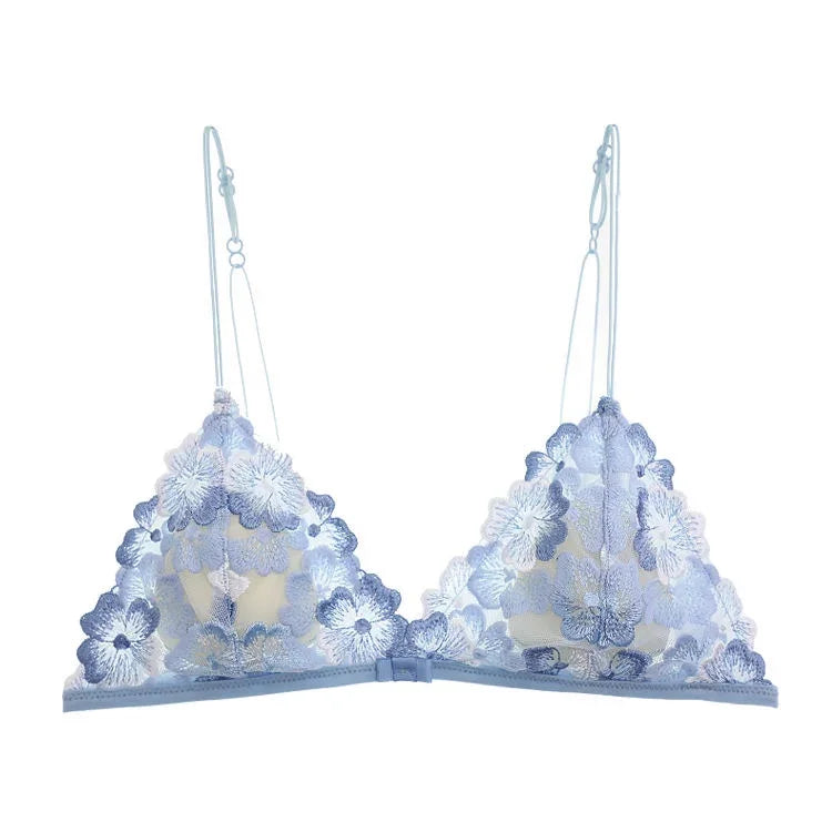 Ethereal Sheer Floral Embroidered Triangle Bralette and Matching Low-Rise Thong Set