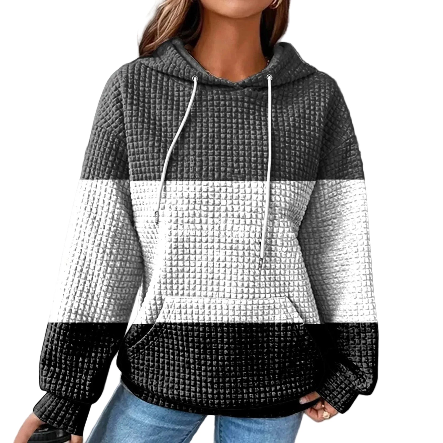 Women's Oversized Color Block Waffle Knit Hoodie for Relaxed Everyday Streetwear Style