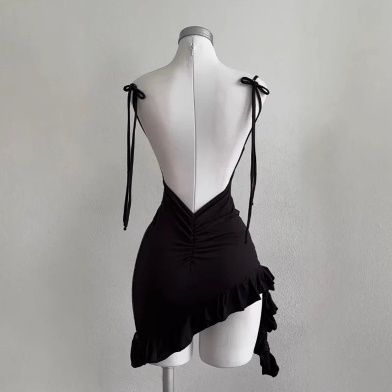 Strapless Backless Bodycon Mini Dress with Lace-Up Detail and Ruffle Hem