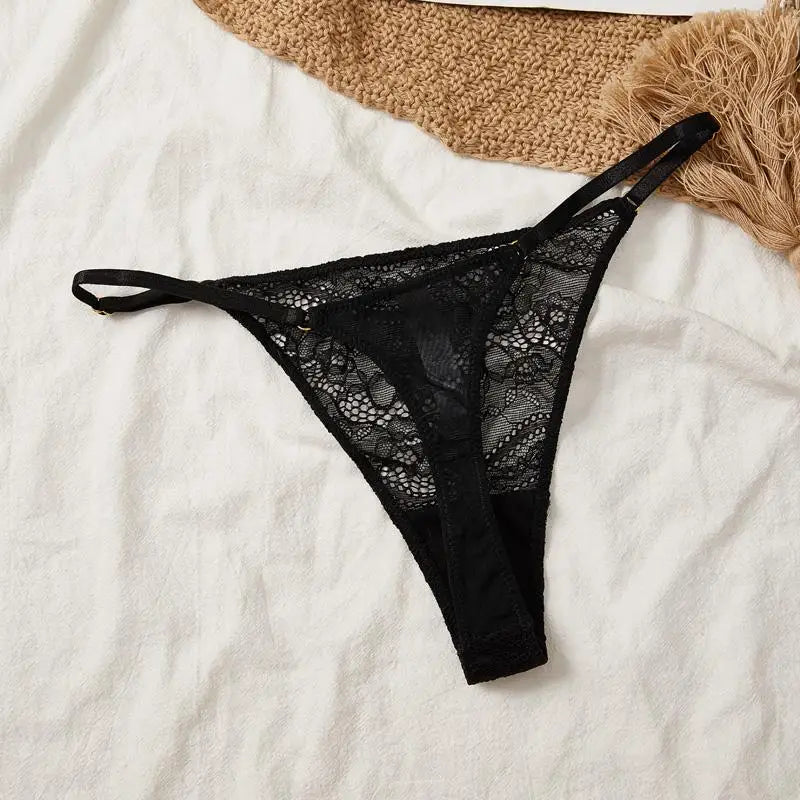 Sheer Black Floral Lace Balconette Bra and Strappy Thong Set