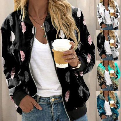 Women's Botanical Print Zip-Up Bomber Jacket with Contemporary Casual Streetwear Silhouette