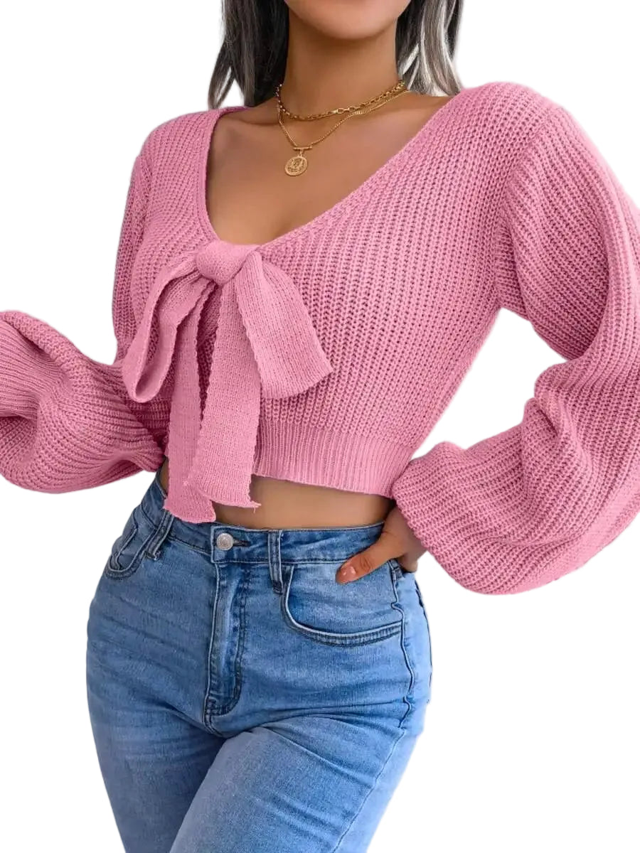 Women's V-Neck Bow Tie Front Cropped Knit Sweater With Relaxed Sleeves