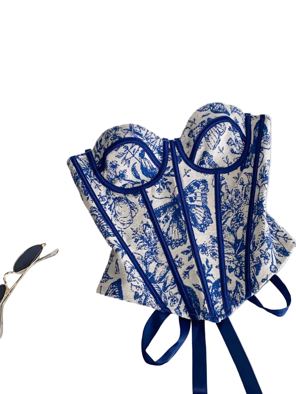 Vintage-Inspired Blue and White Toile Print Strapless Corset with Contrast Piping