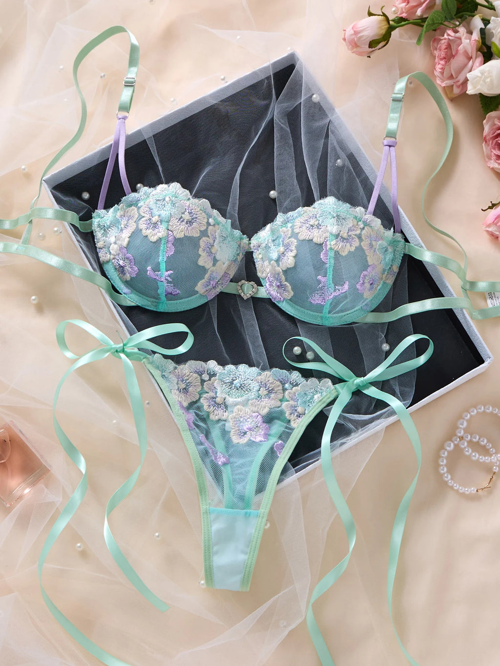 Ethereal Mint Green Underwire Bra and Tie-Side Panty Set with Lavender Embroidery
