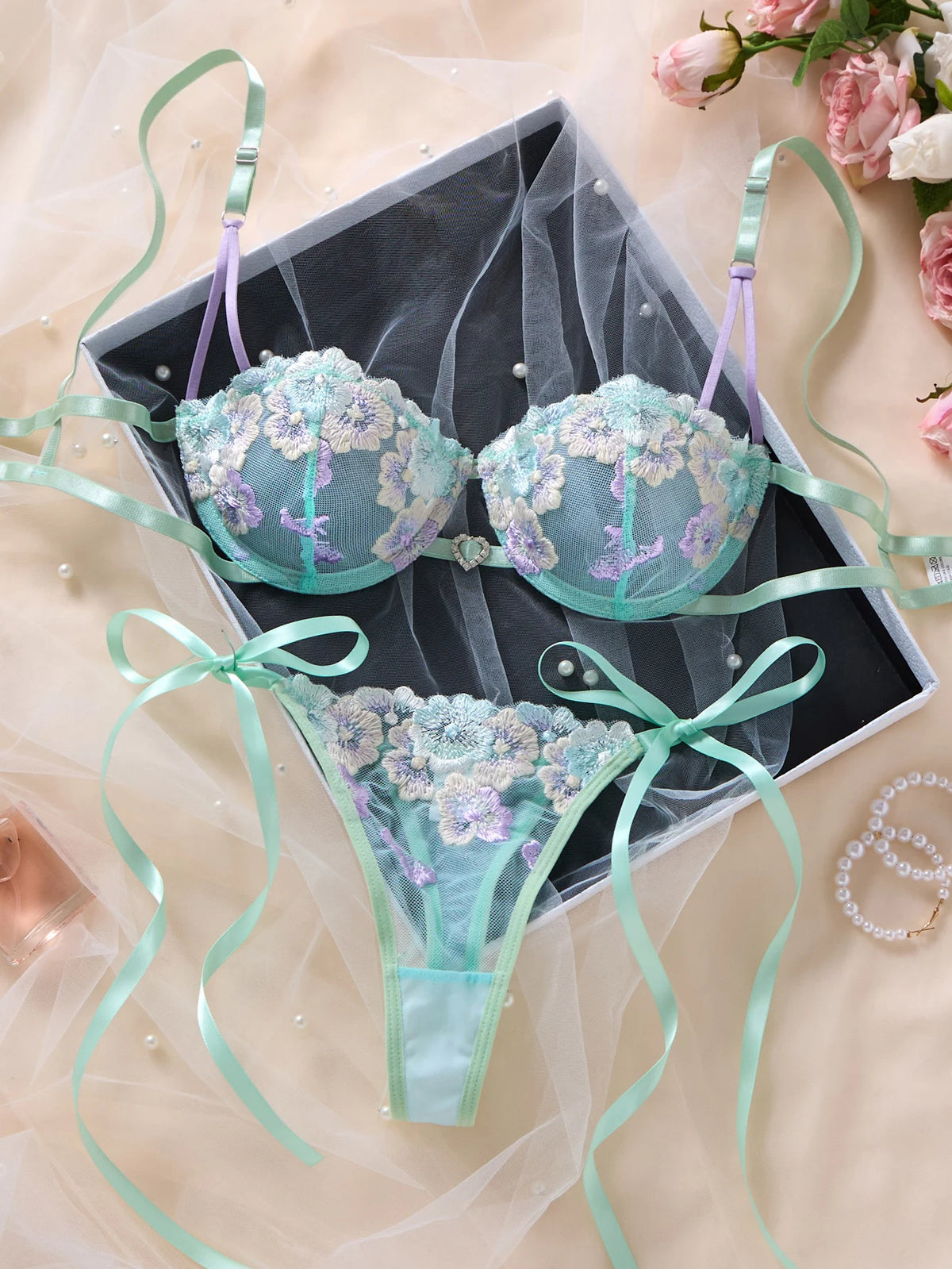Ethereal Mint Green Underwire Bra and Tie-Side Panty Set with Lavender Embroidery
