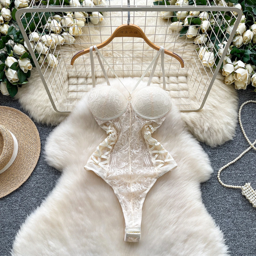 Lace Halter Neck Bodysuit for Romantic Gothic Alternative Fashion Looks