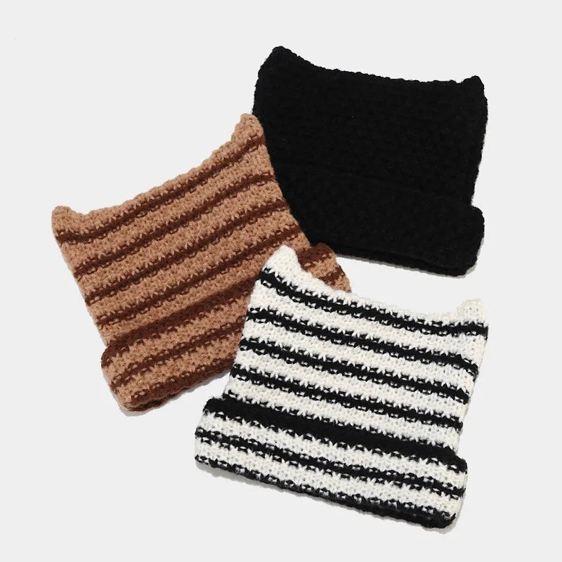 Striped Cat Ear Knit Beanie with Cotton Acrylic Blend for Playful Streetwear Fashion Style