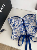 Vintage-Inspired Blue and White Toile Print Strapless Corset with Contrast Piping
