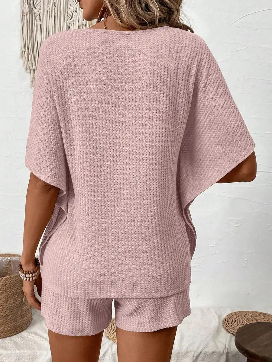Women's Batwing Sleeve Top and Drawstring Shorts Co-Ord Set Relaxed Casual Outfit