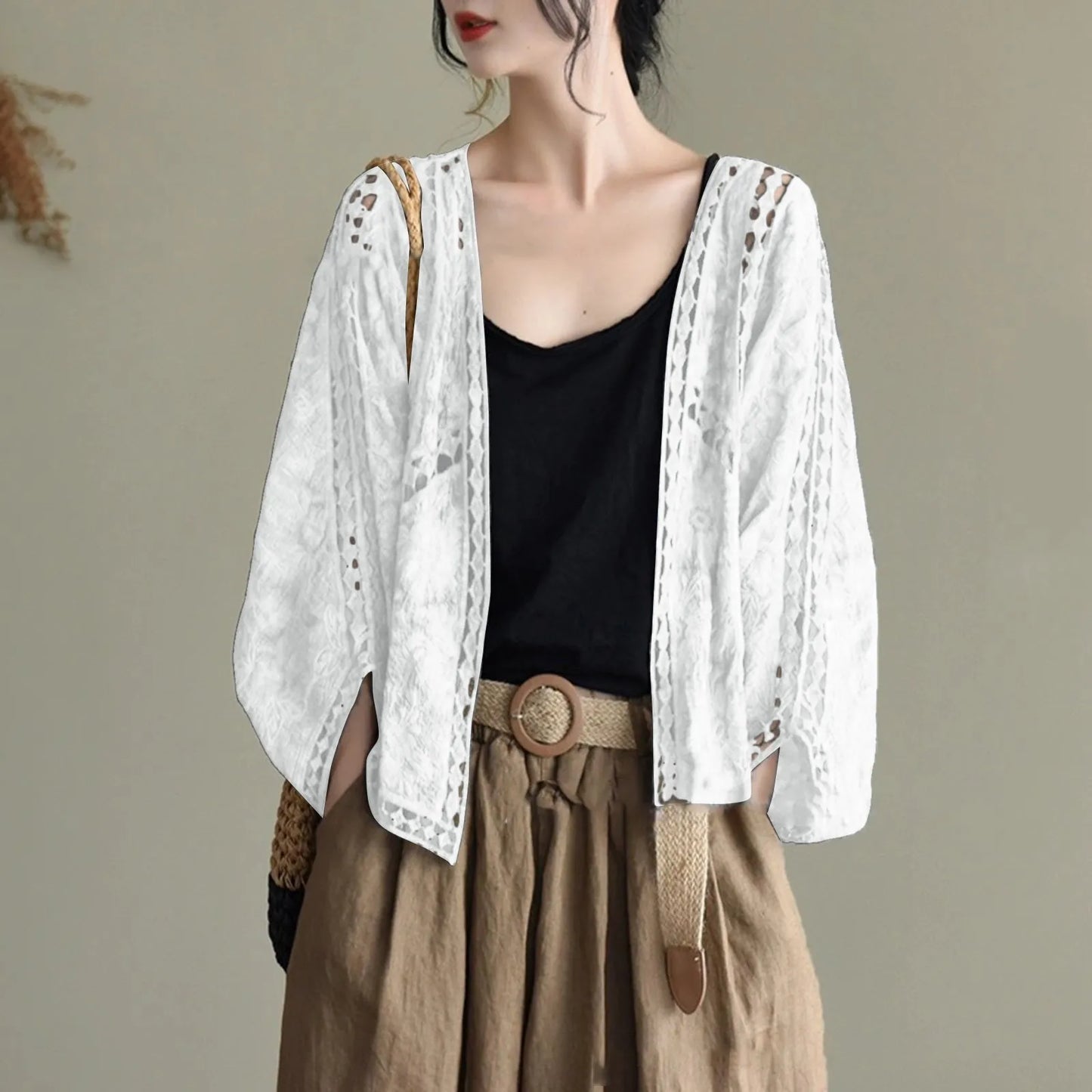 Women's Open Front Lightweight Knit Cardigan with Relaxed Three Quarter Sleeves