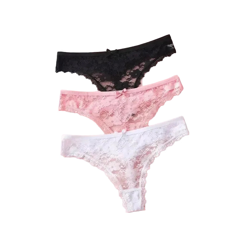 3-Piece Women’s Floral Lace Thong Set with Sheer-Look Panels, Low-Rise Silhouette and Assorted Feminine Colors