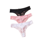 3-Piece Women’s Floral Lace Thong Set with Sheer-Look Panels, Low-Rise Silhouette and Assorted Feminine Colors