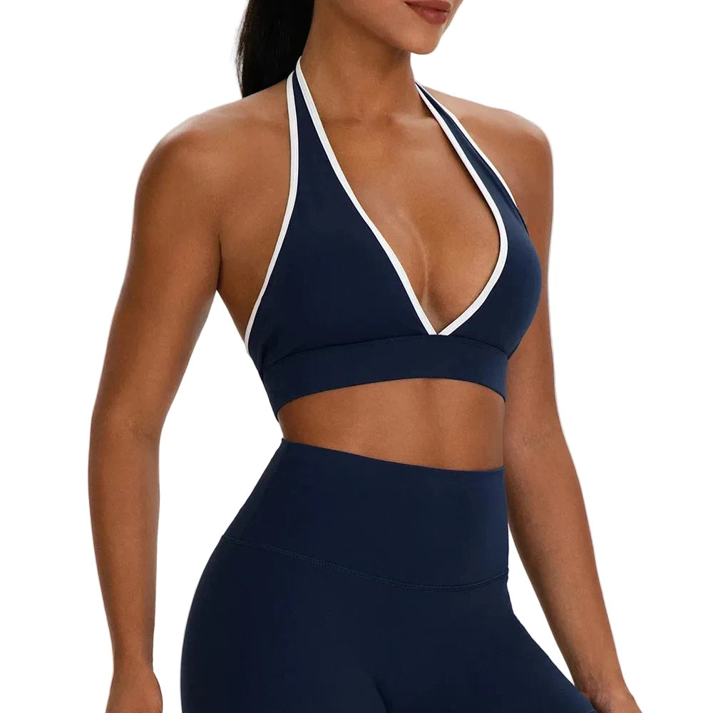 Color-Blocking Deep-V Halter Sports Bra with Contrast Binding