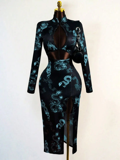 Dragon Embroidered Mesh Cutout Gothic Alternative Crop Top