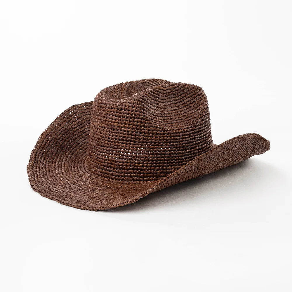 Unisex Handwoven Raffia Cowboy Hat with Wide Brim for Beach and Outdoor Summer Style