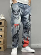 Men's Loose Fit Straight Leg Washed Denim Jeans with Artistic Graphic Streetwear Style