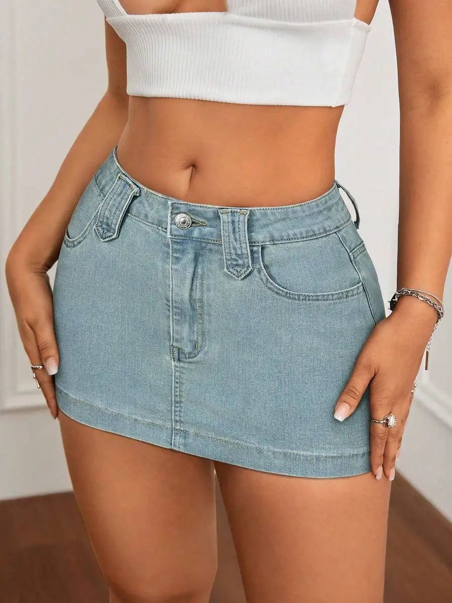 Washed Denim Bodycon Mini Skirt with Front Pockets and Slim Fit