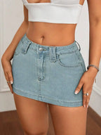 Washed Denim Bodycon Mini Skirt with Front Pockets and Slim Fit