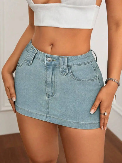 Washed Denim Bodycon Mini Skirt with Front Pockets and Slim Fit