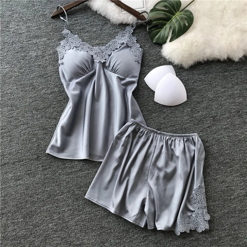 Midnight Blue Satin-Finish Camisole and Shorts Sleepwear Set with Lace Trim
