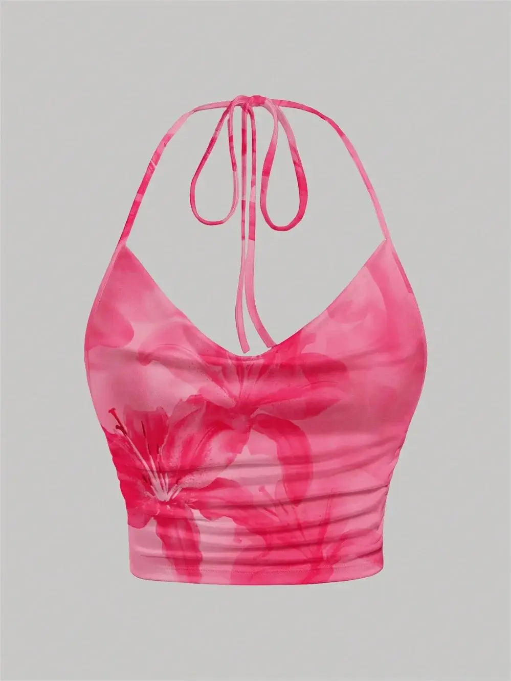 Floral Print Halter Crop Top with Open Back Ruched Streetwear Style