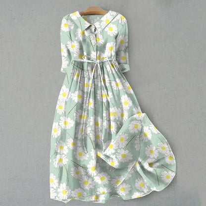 Vintage-Inspired Linen Midi Dress with Soft Cottagecore Elegance