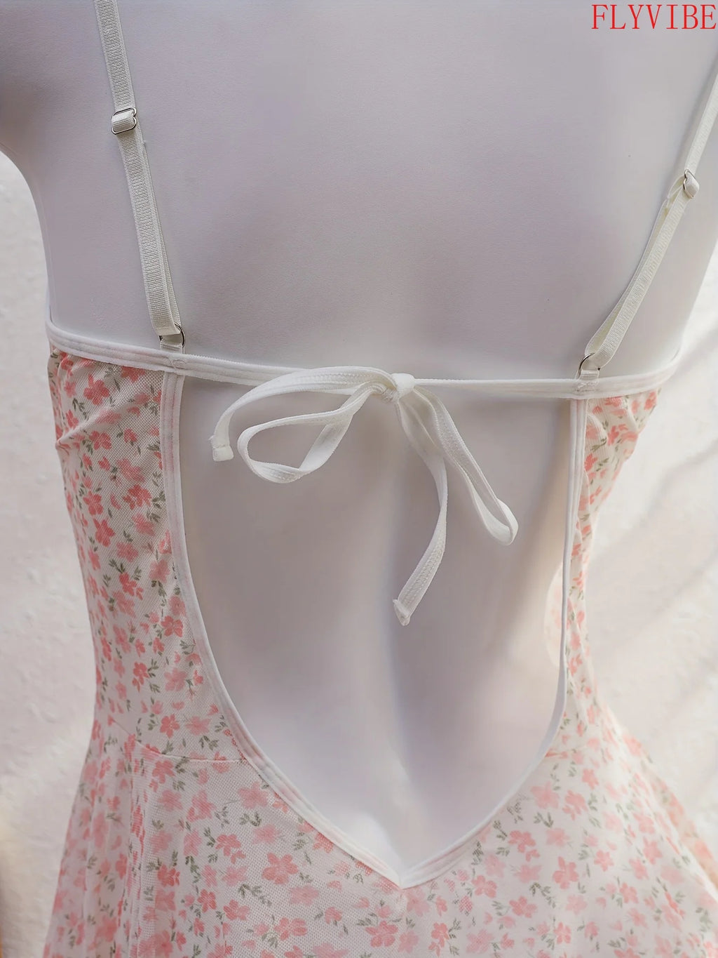 Floral Lace V-Neck Nightgown with Bow Detail, Pleated Ruffle Hem and Delicate Backless Silhouette
