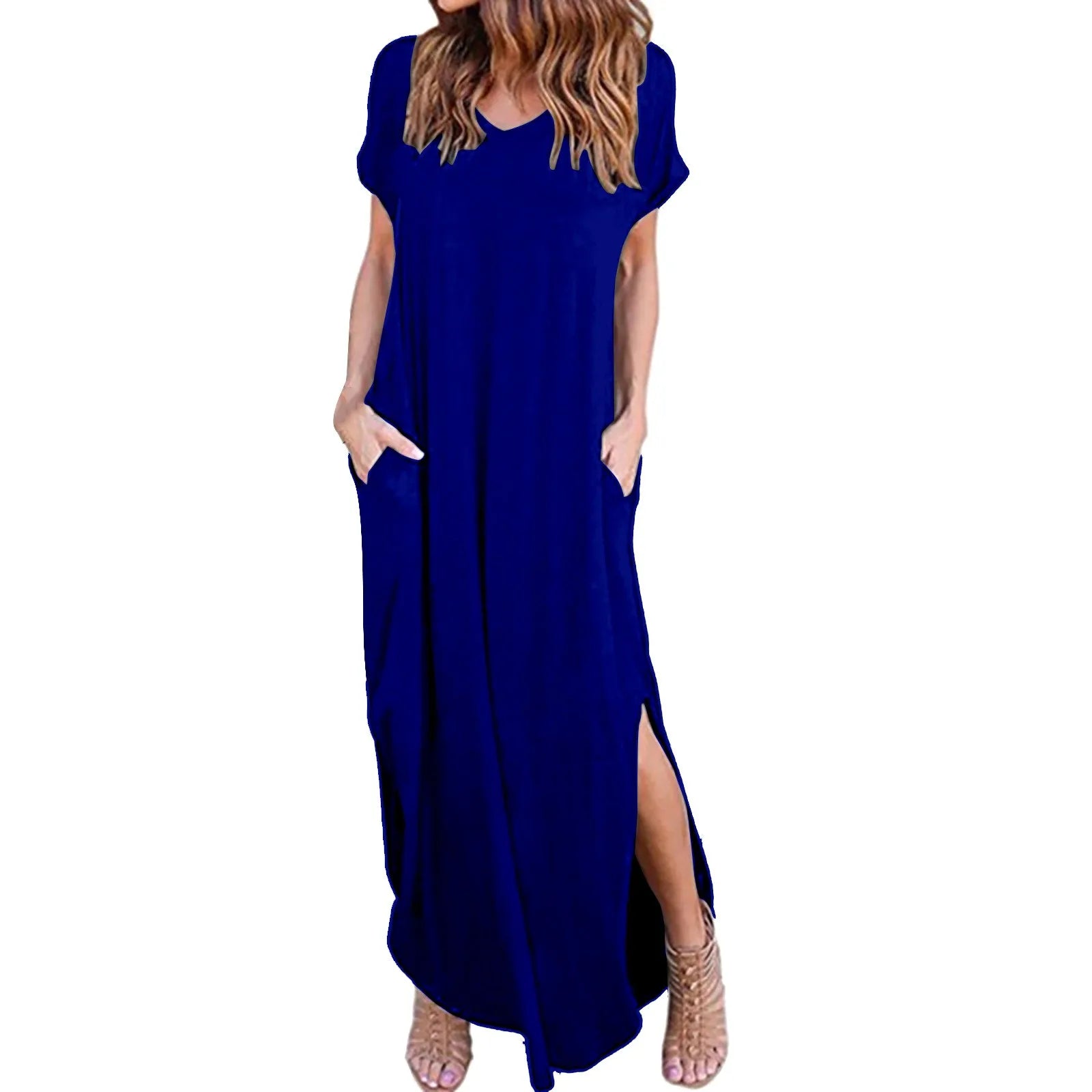 Oversized Short Sleeve Maxi Dress with Side Slit Relaxed Silhouette