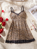Leopard Print A-Line Slip Nightdress with Black Lace Trim and Ruffled Hem