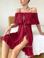 Dusty Mauve Cold-Shoulder Mesh Nightgown with Ruffled Slit Skirt