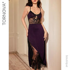 Deep Plum Satin-Finish Maxi Slip Dress with Sheer Black Lace Midriff and High Slit