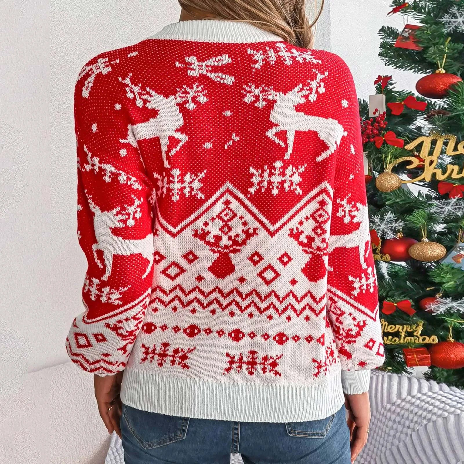 Women's Festive Fair Isle Pattern Crew Neck Relaxed Knit Pullover Sweater