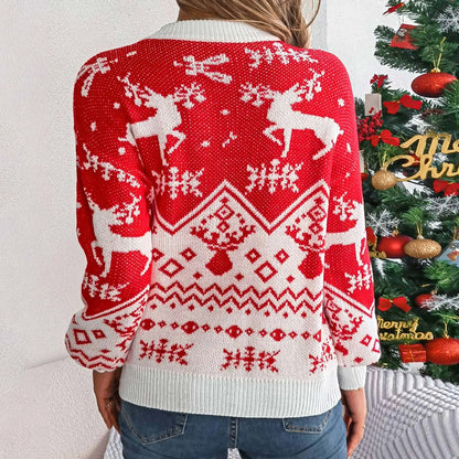 Women's Festive Fair Isle Pattern Crew Neck Relaxed Knit Pullover Sweater