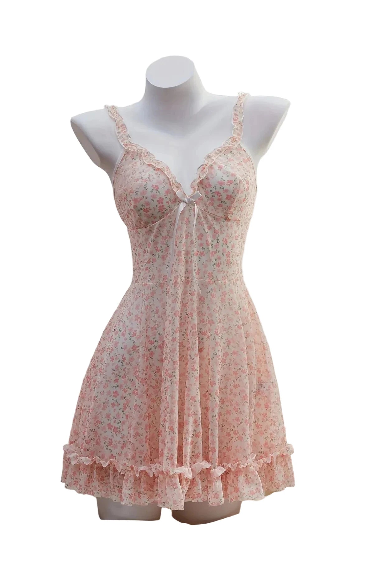 Floral Lace V-Neck Nightgown with Bow Detail, Pleated Ruffle Hem and Delicate Backless Silhouette