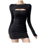 Ribbed Long Sleeve Sweater Mini Dress with Cutout Detail Contemporary Style