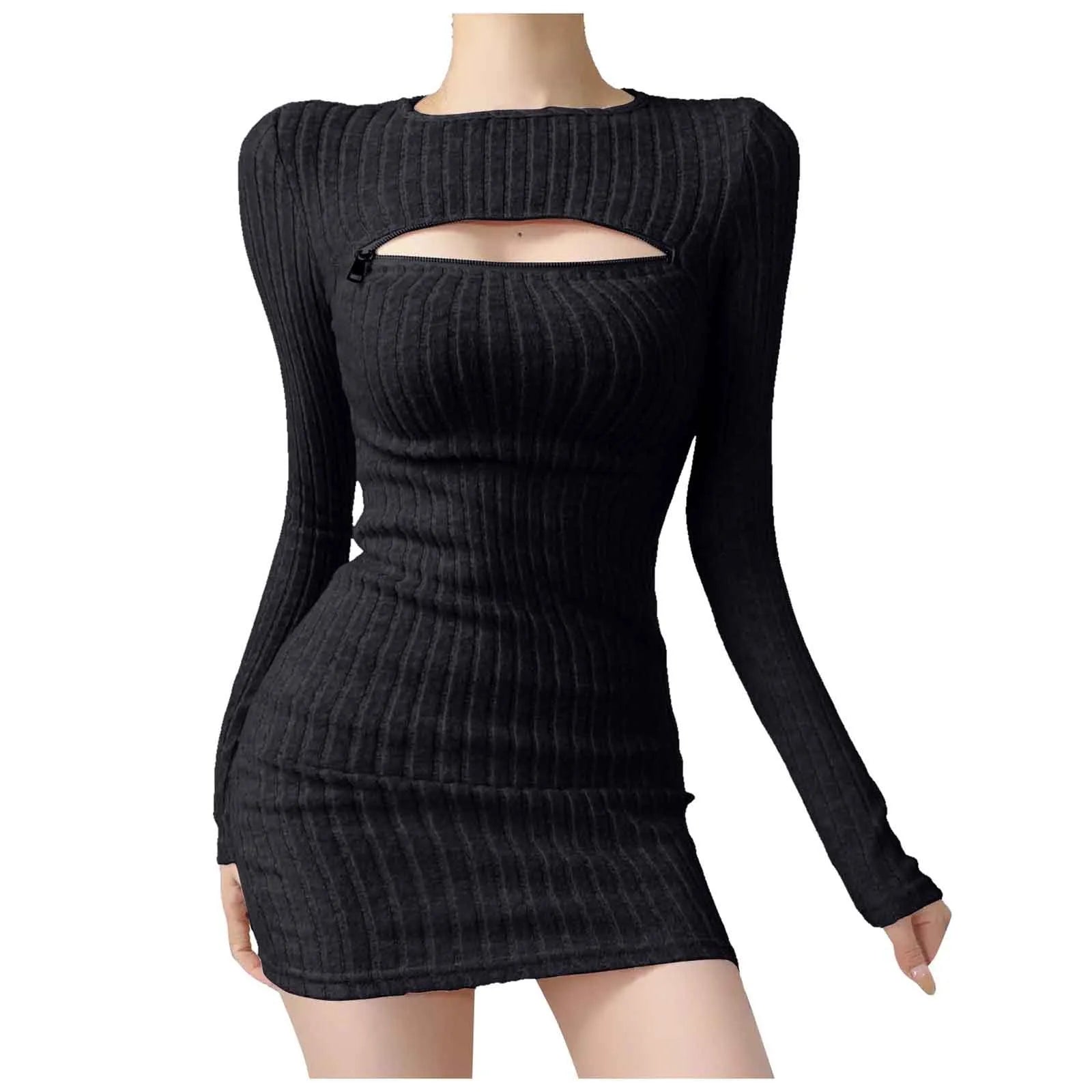 Ribbed Long Sleeve Sweater Mini Dress with Cutout Detail Contemporary Style