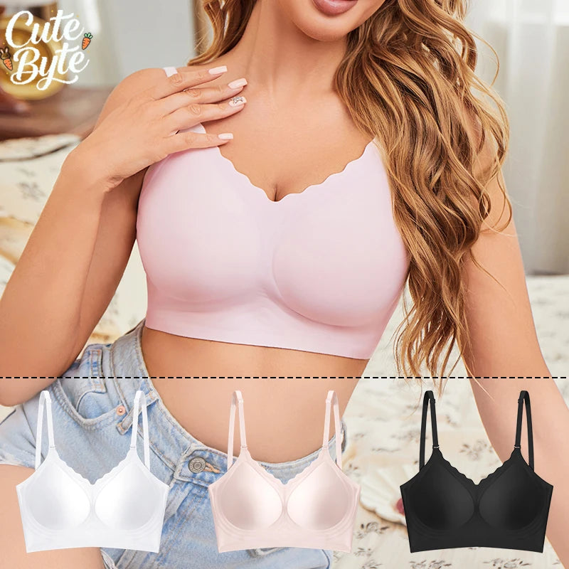 Scalloped-Edge Seamless V-Neck Bralette in Versatile Solid Neutrals