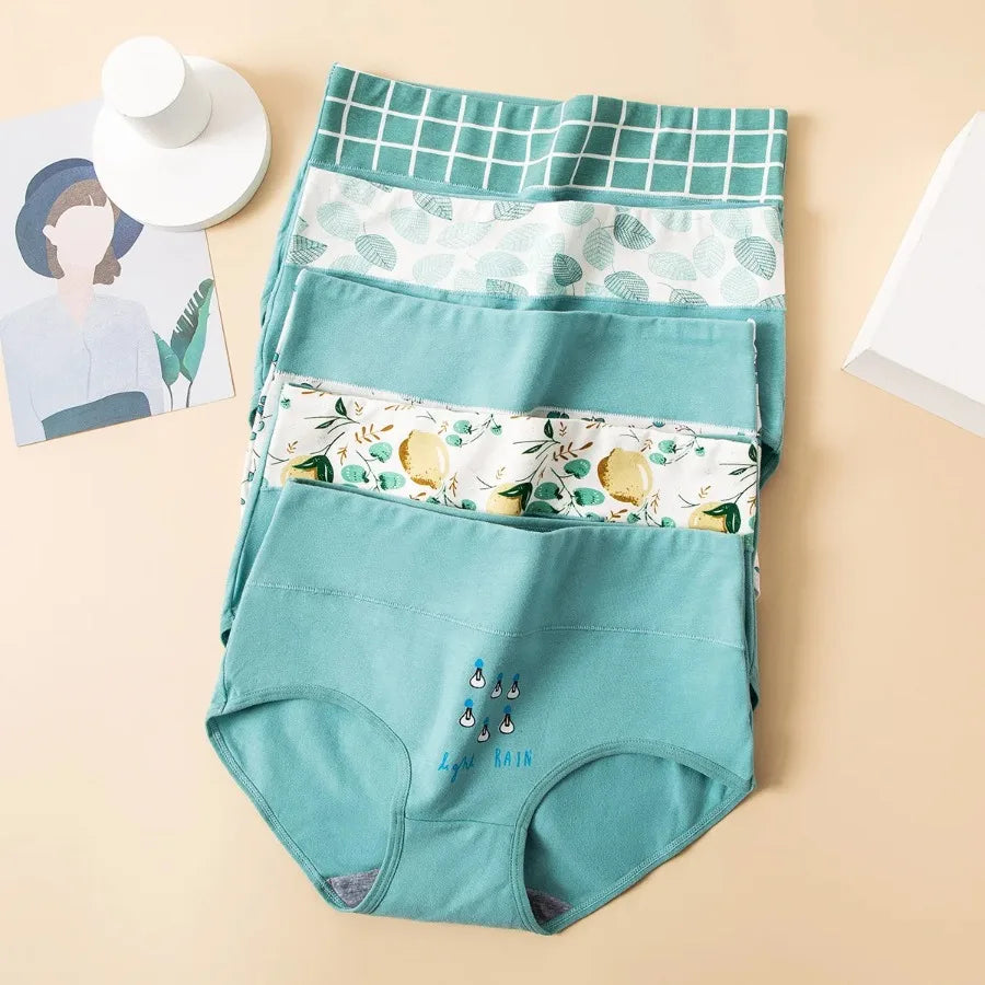 4-Piece Women’s Printed High-Rise Briefs Set with Playful Heart and Floral Motifs, Soft Pink Tones and Feminine Styling