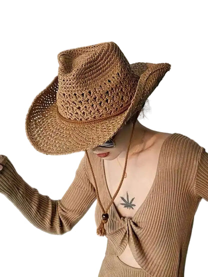 Hollow Woven Straw Cowboy Hat with Wide Brim for Beach Travel and Outdoor Adventures