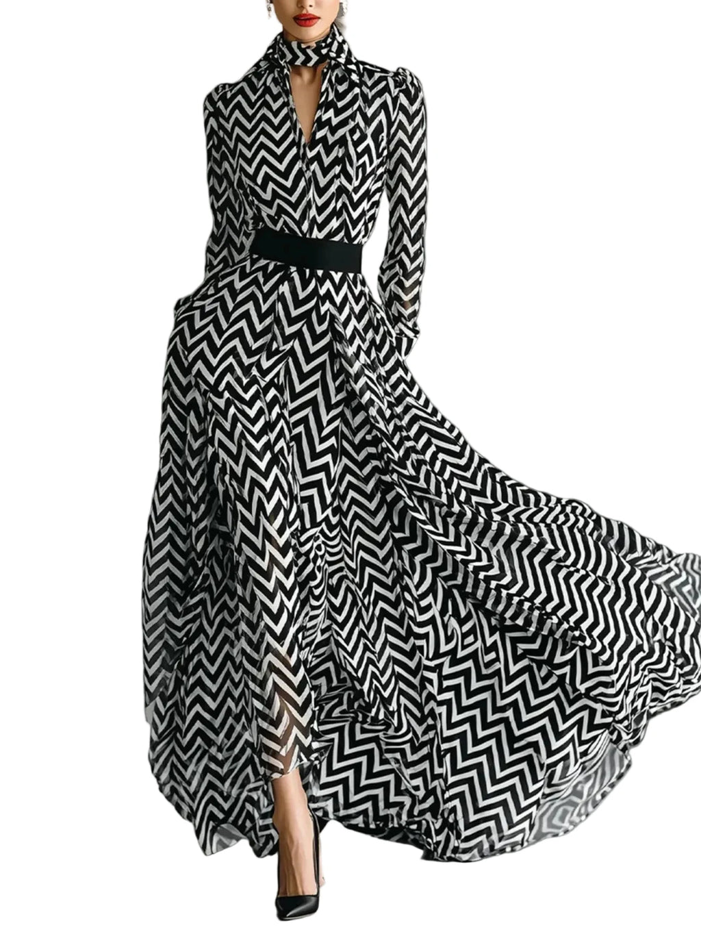 Monochromatic Chevron Print Maxi Dress with Puff Sleeves and Cinched Waist