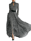 Monochromatic Chevron Print Maxi Dress with Puff Sleeves and Cinched Waist