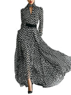 Monochromatic Chevron Print Maxi Dress with Puff Sleeves and Cinched Waist