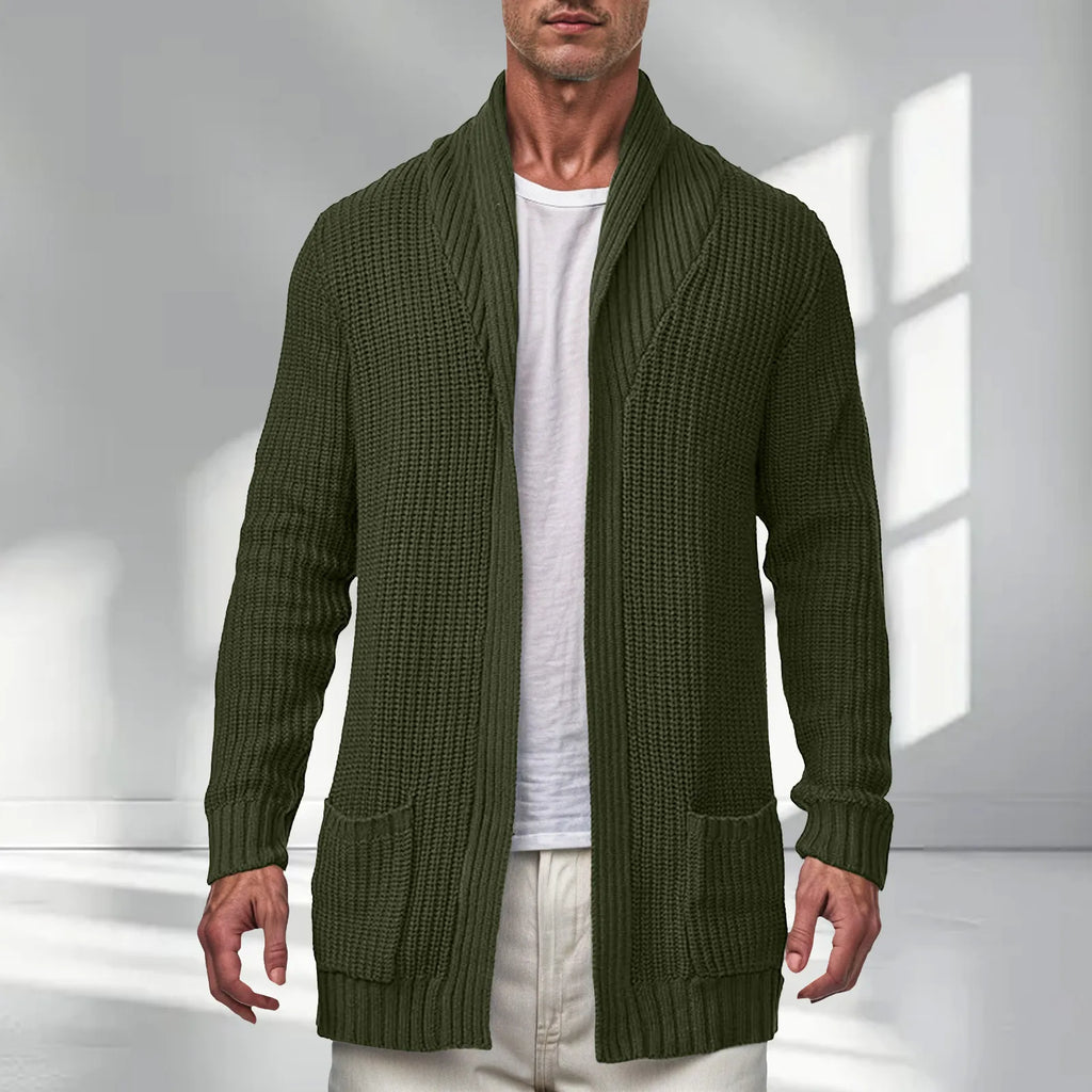 Men's Longline Ribbed Knit Cardigan with Open Front Relaxed Silhouette