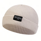Minimalist Ribbed Polyester Knit Beanie with Woven Patch for Casual Streetwear Everyday Style